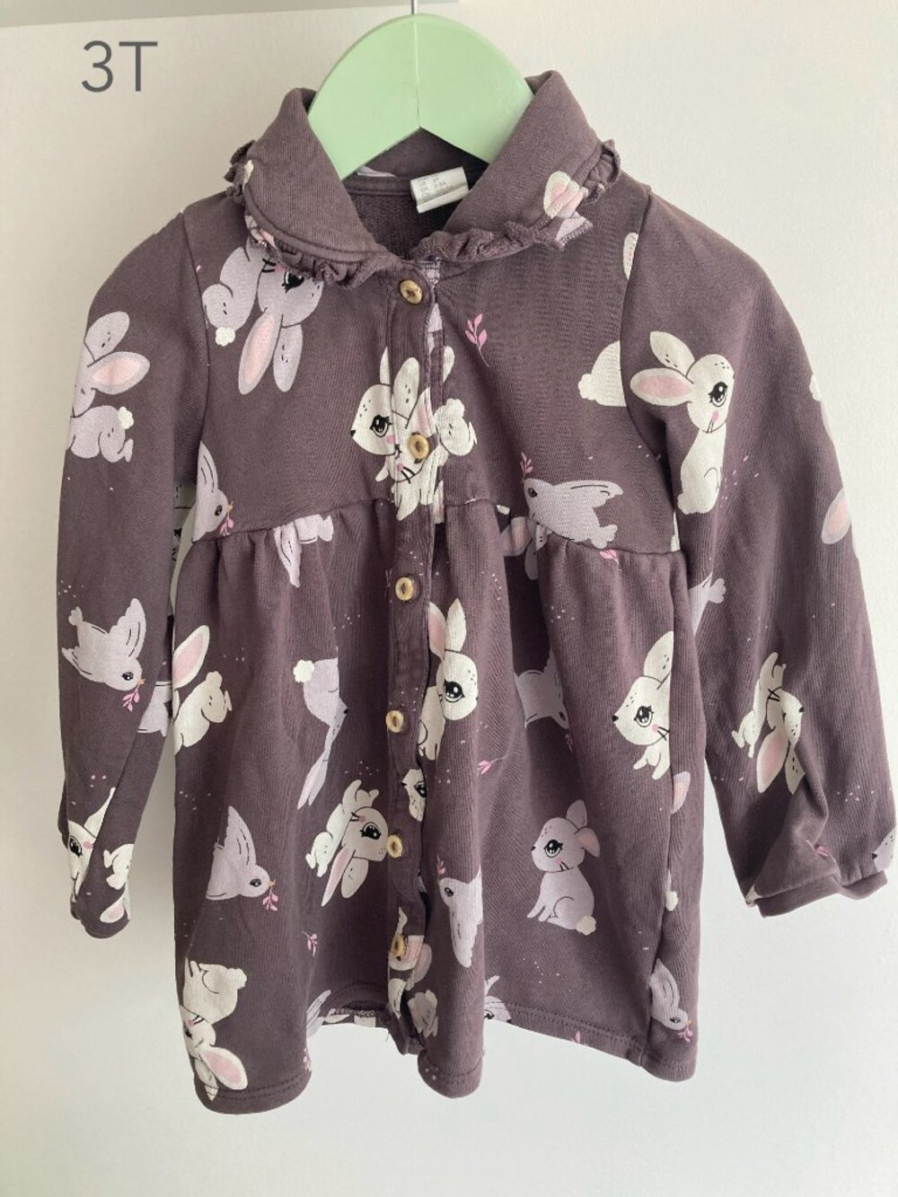 🪴5/$30 H&M 3T Toddler Bunny Rabbit Taupe Purple Terrycloth Dress Fall Casual
